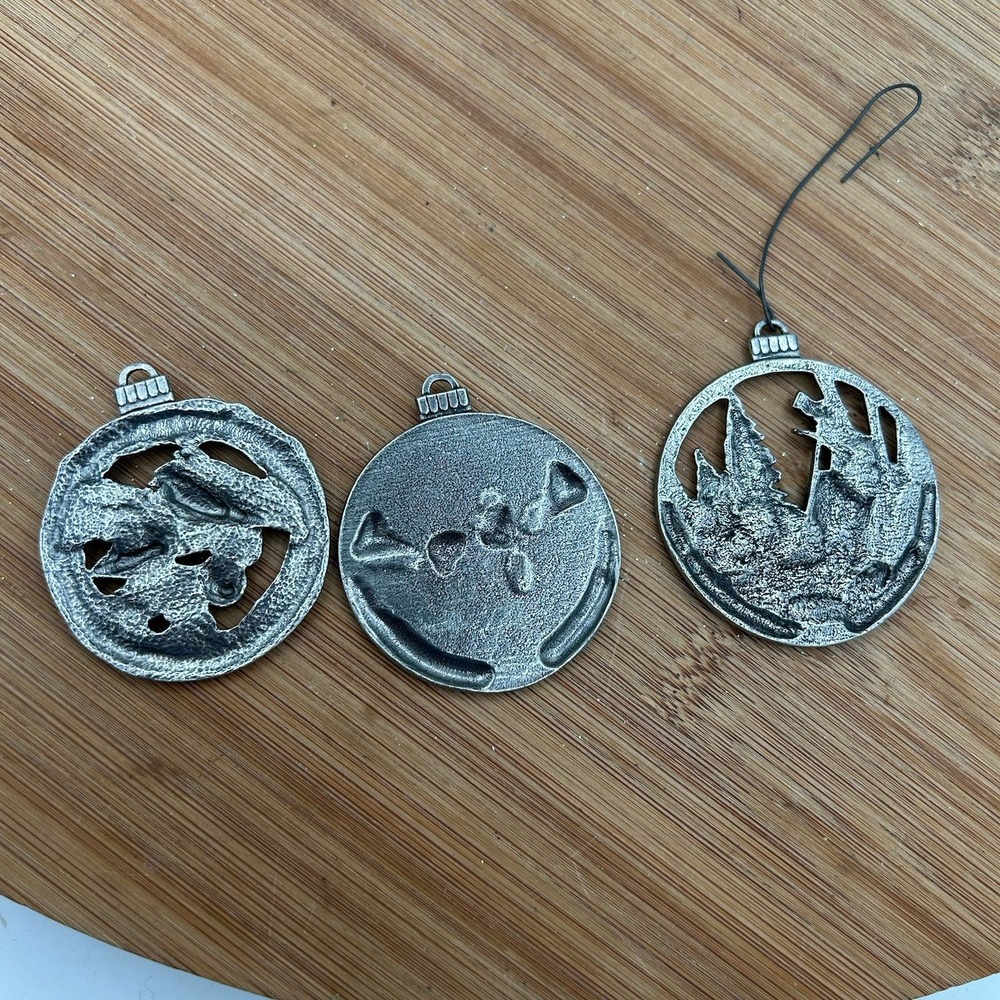 3 Vintage Seasons‎ Greetings Country Pewter Ornaments Christmas 1998-2002